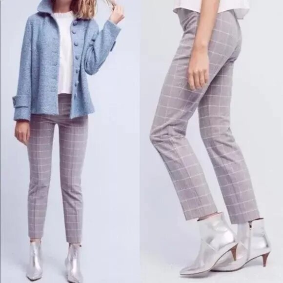 ANTHROPOLOGIE Cartonnier Pants Womens 2 Windowpane Plaid Pull On Slim Academia - Picture 1 of 13
